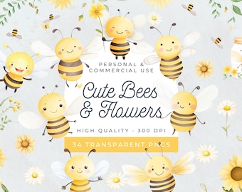 Cute Bee Theme Clipart, Watercolor Honey Bee and Flowers Clip arts, Spring Sunflower Floral PNG, Mommy To Be Baby Shower, Bumble Bees Invite