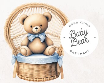 Boho Baby Bear Clipart, SINGLE IMAGE, Blue Teddy Bear, Peacock Chair, Watercolor Nursery Art Clip art, Cute Boy Shower Party Invitation, PNG