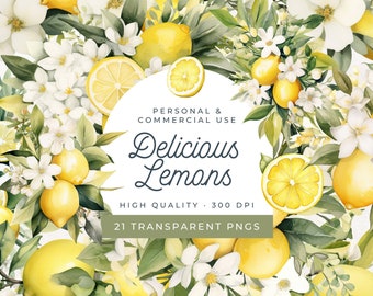 Clipart de limón en acuarela, clipart de fruta, PNG floral de limón, limonero, despedida de soltera italiana, brunch con temática de limones, invitación de cumpleaños de verano
