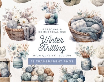 Clipart de tejido de acuarela, cesta de tejido de invierno, arte mural de tejido, aguja e hilo, logotipo de tejido vintage, hilo y lana PNG