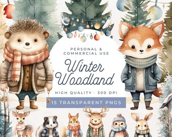 Winter Woodland Animals Clipart, Forest Animals, Woodland Christmas, Christmas Clipart, Digital Baby Shower, Winter Clipart, Nursery Clipart