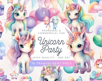 Pastel Unicorn Rainbow Clipart, Watercolor Unicorn Party, Kawaii Watercolor Unicorn Clipart, Unicorn Cupcake Clipart, Rainbow, Stars, PNG