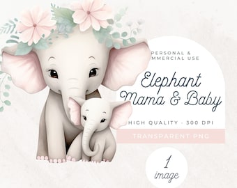 Elephant Mom Baby Clipart, SINGLE IMAGE, Mama Baby Girl Elephant With Floral Crown, Watercolor Pink Flowers Clip art, Cute Spring Shower PNG