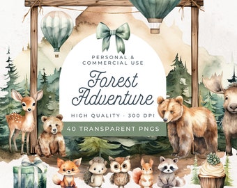 Let the Adventure Begin Baby Shower Clipart, Woodland Animals Clipart Watercolor, Forest Animals, Nursery Clipart, Mama Bear, Stationary PNG