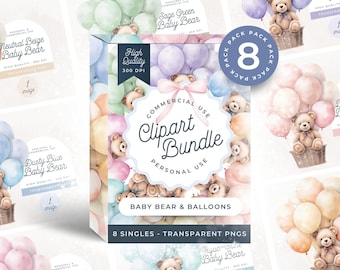 Teddybär Clipart Bundle, BESTSELLER, Baby Bär und Ballon Aquarell, Babyparty, Kinderzimmer Wandkunst, Bär und blaue Ballons Clipart PNG