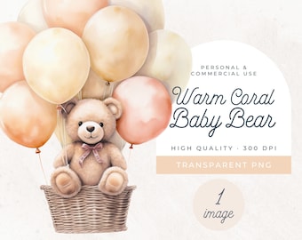 Warm Coral Teddy Bear Balloons, SINGLE IMAGE, Light Orange Clipart PNG, Peach Pastel Clip Arts, Baby Shower Invitation, Boho Wicker Basket