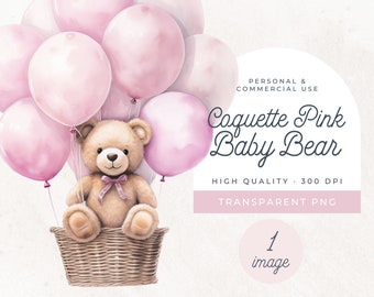 Pink Boho With Teddy Bear And Balloons, SINGLE IMAGE, Coquette Pink Bow, Watercolor PNG Clipart, Baby Shower Invitations, Nursery Wall Art