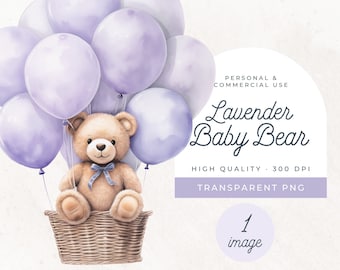 Pastel Balloons Clipart PNG, SINGLE IMAGE, Teddy Bear in Boho Wicker Basket, Watercolor Purple Lavender Clip Arts, Bear In Hot Air Balloon