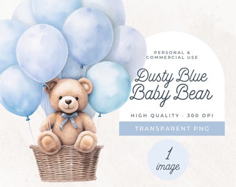Bär mit blauem Ballon PNG, SINGLE Aquarell Clipart, Dusty Blue Baby Bär, Teddybär-Babyparty, Bär in einem Korb, Kinderzimmer Wandkunst
