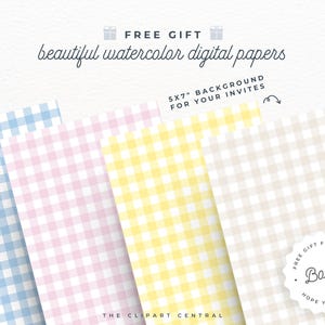 Puede incluir: Cuatro dise&ntilde;os de papel digital con patrones de vichy acuarela en azul, rosa, amarillo y beige. Cada patr&oacute;n mide 12,7 x 17,8 cm y se puede utilizar como fondo para invitaciones.