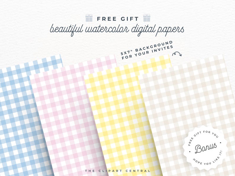 Puede incluir: Cuatro dise&ntilde;os de papel digital con patrones de vichy acuarela en azul, rosa, amarillo y beige. Cada patr&oacute;n mide 12,7 x 17,8 cm y se puede utilizar como fondo para invitaciones.
