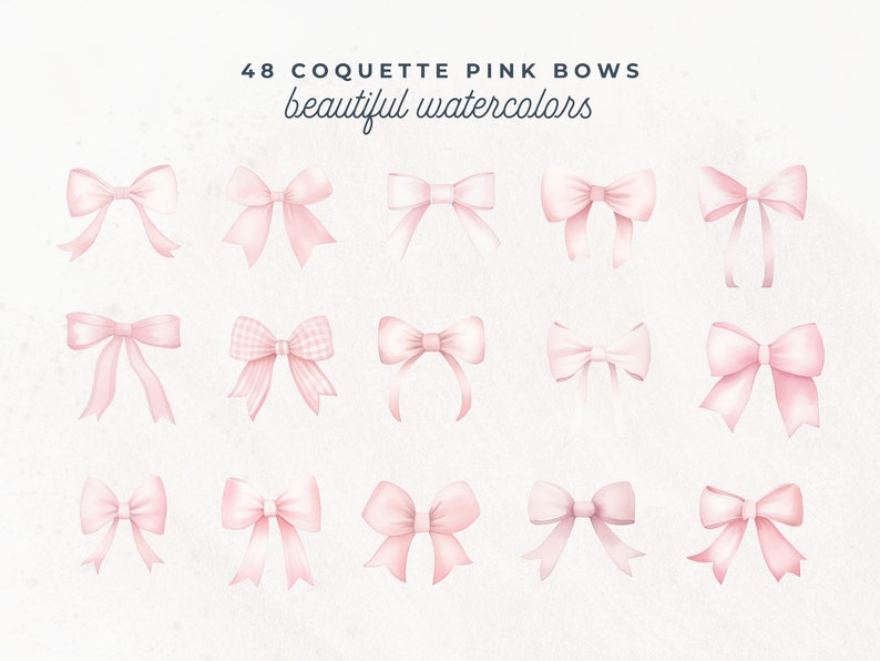 May include: 48 watercolor pink bows in various styles, including classic, plaid, and ribbon bows.