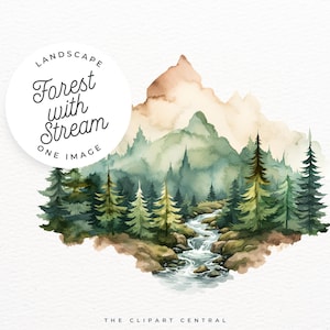 May include: Watercolor landscape illustration featuring a forest with a stream and mountains. The artwork has a soft color palette of greens, browns, and blues. Text on the image reads "Landscape Forest with Stream ONE IMAGE".