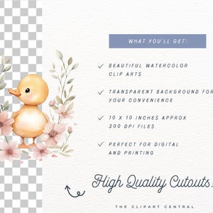 May include: Watercolor clipart of a yellow duckling with pink flowers. The duckling is standing in a cluster of pink flowers with green leaves. The image has a transparent background.