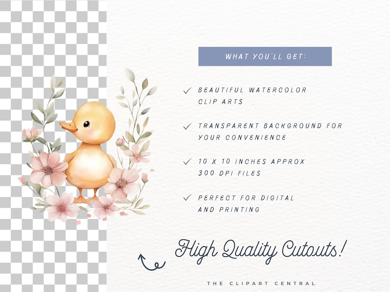 May include: Watercolor clipart of a yellow duckling with pink flowers. The duckling is standing in a cluster of pink flowers with green leaves. The image has a transparent background.
