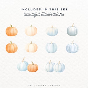 May include: A set of 10 watercolor illustrations of pumpkins in various shades of orange, white, and blue.  The pumpkins are arranged in three rows, with three pumpkins in each row.  The pumpkins are all in a simple, cartoon style.  Included in this set: beautiful illustrations.