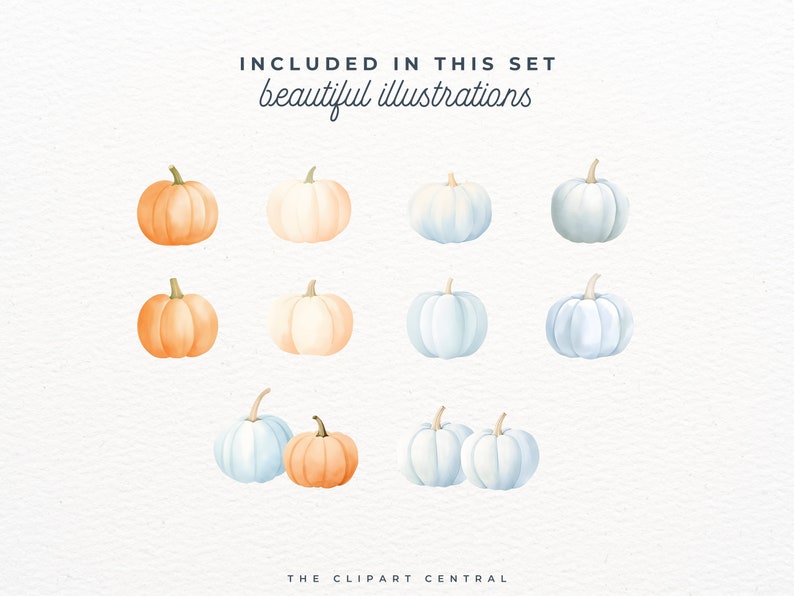May include: A set of 10 watercolor illustrations of pumpkins in various shades of orange, white, and blue.  The pumpkins are arranged in three rows, with three pumpkins in each row.  The pumpkins are all in a simple, cartoon style.  Included in this set: beautiful illustrations.