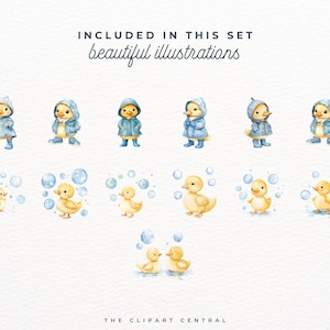 K&ouml;nnte beinhalten: Ein Set mit 10 Aquarell-Illustrationen mit niedlichen Baby-Enten. Die Illustrationen zeigen Enten in blauen Regenm&auml;nteln und Enten, die Seifenblasen pusten. Der Text "INCLUDED IN THIS SET beautiful illustrations" befindet sich oben im Bild.