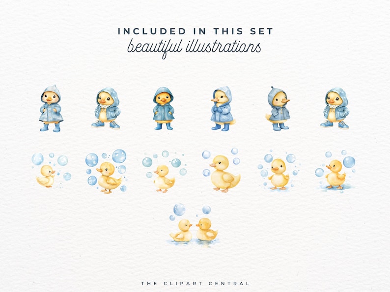 K&ouml;nnte beinhalten: Ein Set mit 10 Aquarell-Illustrationen mit niedlichen Baby-Enten. Die Illustrationen zeigen Enten in blauen Regenm&auml;nteln und Enten, die Seifenblasen pusten. Der Text "INCLUDED IN THIS SET beautiful illustrations" befindet sich oben im Bild.