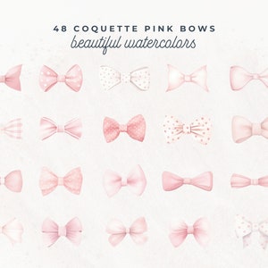 May include: 48 pink watercolor bows in various styles, including polka dots, gingham, and solid colors. The bows are arranged in four rows of twelve.