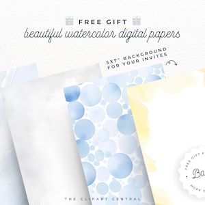 K&ouml;nnte beinhalten: Vier digitale Papierdesigns mit Aquarellhintergr&uuml;nden in Blaut&ouml;nen und Gelb. Die Designs umfassen einen wei&szlig;en Hintergrund mit blauen Aquarellstreifen, einen wei&szlig;en Hintergrund mit einem blauen Aquarellkreis-Muster, einen wei&szlig;en Hintergrund mit einem gelben Aquarelldesign und einen wei&szlig;en Hintergrund mit einem blauen Aquarellkreis-Muster. Der Text "FREE GIFT" und "beautiful watercolor digital papers" befindet sich oben im Bild. Der Text "5X7" BACKGROUND FOR YOUR INVITES" befindet sich in der oberen rechten Ecke des Bildes. Der Text "THE CLIPART CENTRAL" befindet sich unten im Bild. Der Text "FREE GIFT FOR YOU Bonus HOPE YOU LIKE IT!" befindet sich in einem Kreis in der unteren rechten Ecke des Bildes.