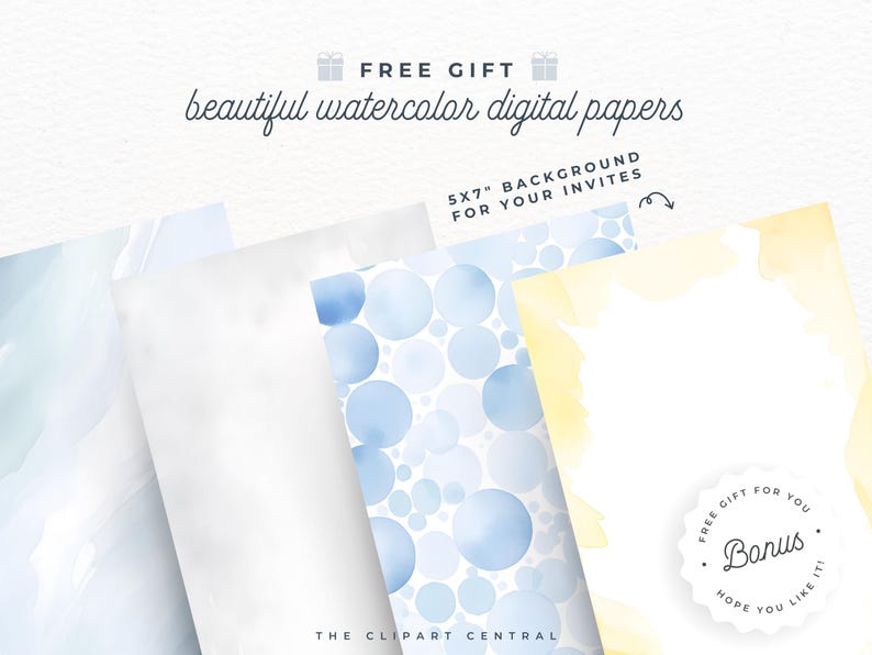 K&ouml;nnte beinhalten: Vier digitale Papierdesigns mit Aquarellhintergr&uuml;nden in Blaut&ouml;nen und Gelb. Die Designs umfassen einen wei&szlig;en Hintergrund mit blauen Aquarellstreifen, einen wei&szlig;en Hintergrund mit einem blauen Aquarellkreis-Muster, einen wei&szlig;en Hintergrund mit einem gelben Aquarelldesign und einen wei&szlig;en Hintergrund mit einem blauen Aquarellkreis-Muster. Der Text "FREE GIFT" und "beautiful watercolor digital papers" befindet sich oben im Bild. Der Text "5X7" BACKGROUND FOR YOUR INVITES" befindet sich in der oberen rechten Ecke des Bildes. Der Text "THE CLIPART CENTRAL" befindet sich unten im Bild. Der Text "FREE GIFT FOR YOU Bonus HOPE YOU LIKE IT!" befindet sich in einem Kreis in der unteren rechten Ecke des Bildes.
