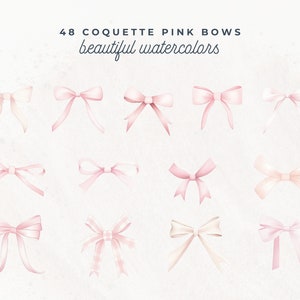 Pink Ribbon Bow Clipart, Girl Coquette, Watercolor Pink Bow, PNG Clipart, Aesthetic Tee Clip Art, Coquette Bow Designs, Invitation, Nursery image 2