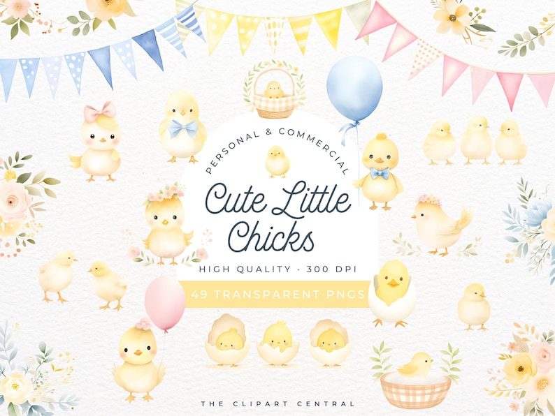 Puede incluir: Un conjunto de 49 ilustraciones de acuarela de lindos pollitos beb&eacute;s en varias poses, incluyendo pollitos saliendo de los huevos, pollitos con lazos, pollitos en cestas y pollitos con globos. Las ilustraciones son perfectas para manualidades de Pascua, scrapbooking y otros proyectos creativos.