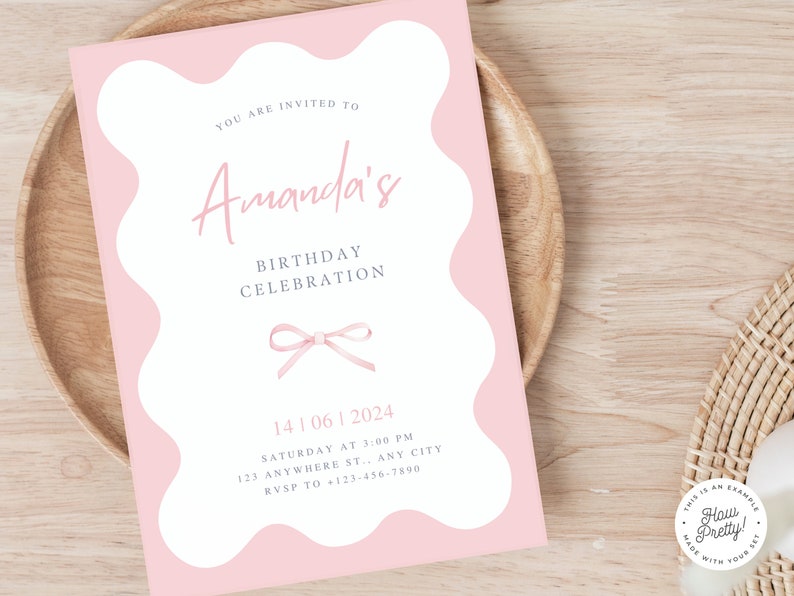 May include: Pink birthday invitation with a white border and a pink bow. The invitation says "You are invited to Amanda's Birthday Celebration" and includes the date, time, and location of the event.