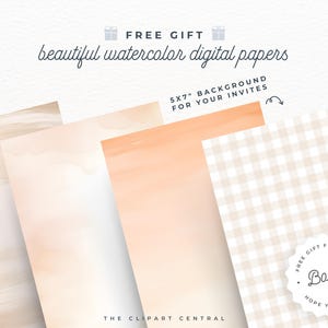 Peut inclure: Quatre motifs de papier num&eacute;rique dans des tons doux de p&ecirc;che et de cr&egrave;me. Les papiers pr&eacute;sentent des textures aquarelle et un motif vichy. Le texte "CADEAU GRATUIT" et "FOND 5x7" POUR VOS INVITATIONS" est inclus dans l'image.