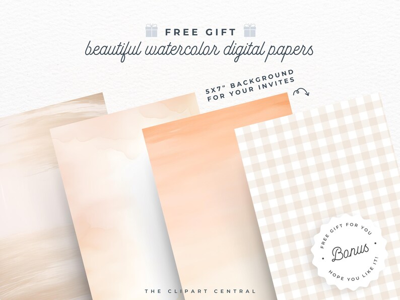 Peut inclure: Quatre motifs de papier num&eacute;rique dans des tons doux de p&ecirc;che et de cr&egrave;me. Les papiers pr&eacute;sentent des textures aquarelle et un motif vichy. Le texte "CADEAU GRATUIT" et "FOND 5x7" POUR VOS INVITATIONS" est inclus dans l'image.