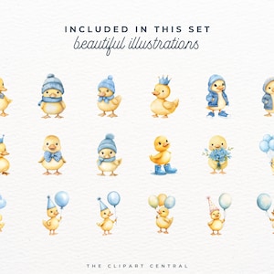 K&ouml;nnte beinhalten: Ein Set mit 16 Aquarell-Illustrationen von niedlichen Baby-Enten in verschiedenen Posen. Die Enten tragen blaue H&uuml;te, Kronen und halten Ballons. Die Illustrationen sind perfekt f&uuml;r Babyparty-Einladungen, Karten und andere Bastelarbeiten.
