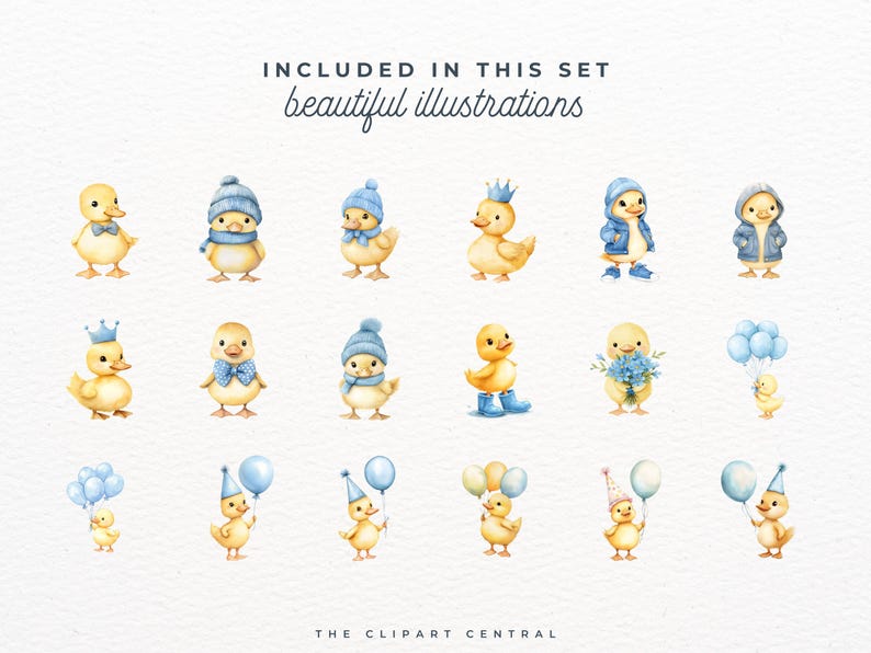 K&ouml;nnte beinhalten: Ein Set mit 16 Aquarell-Illustrationen von niedlichen Baby-Enten in verschiedenen Posen. Die Enten tragen blaue H&uuml;te, Kronen und halten Ballons. Die Illustrationen sind perfekt f&uuml;r Babyparty-Einladungen, Karten und andere Bastelarbeiten.