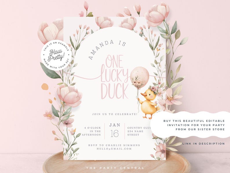 May include: A pink and green floral invitation for a first birthday party. The invitation says "Amanda is One Lucky Duck" and includes the date "Jan 16".