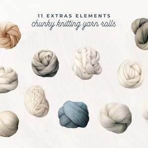 May include: Eleven balls of chunky knitting yarn in various shades of white, gray, and blue. The yarn is arranged in a scattered pattern on a white background.