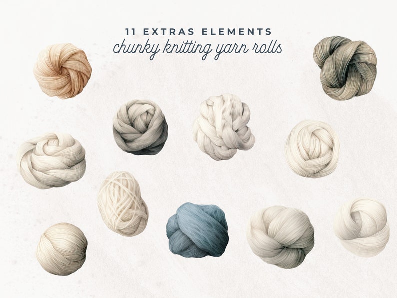 May include: Eleven balls of chunky knitting yarn in various shades of white, gray, and blue. The yarn is arranged in a scattered pattern on a white background.