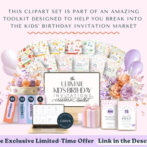 May include: A digital toolkit for creating kids' birthday invitations. The toolkit includes 43 textures, 34 frames, 74 phrases, 104 best-selling birthday invitations, and 72 printable font pairings. The toolkit is compatible with Canva.