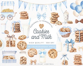 Imágenes prediseñadas de leche y galletas, acuarelas de galletas y leche, galletas con chispas de chocolate, primer cumpleaños de niño, imágenes prediseñadas PNG de galletas de leche, baby shower