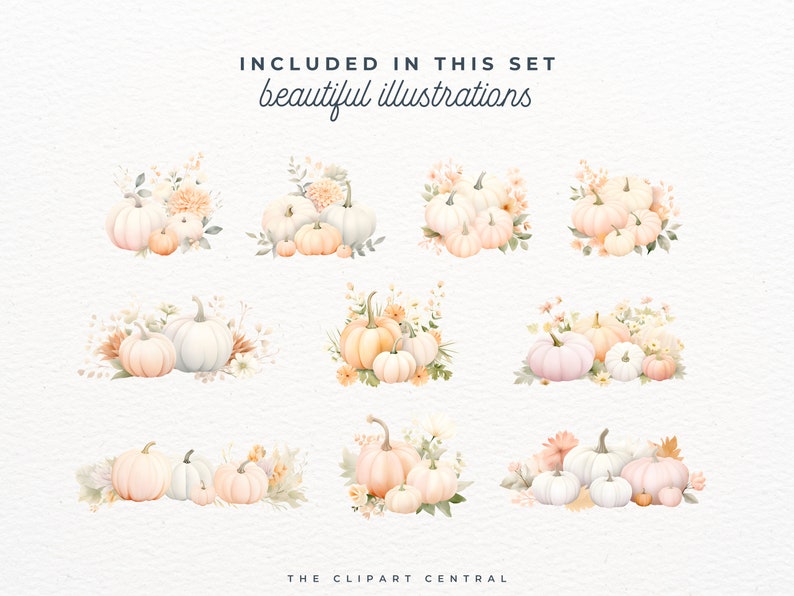 May include: A set of nine watercolor illustrations featuring pumpkins and floral arrangements in shades of white, peach, and cream. The pumpkins are arranged in various groupings and sizes, with some featuring a light blue hue. The floral arrangements include delicate white flowers and greenery.