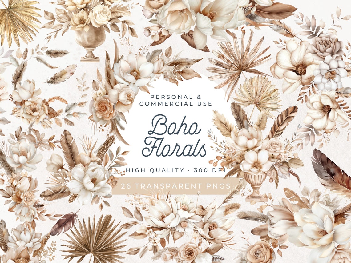 Boho Arch Clipart, Watercolor Boho Flowers Clipart, Boho Floral Clipart ...