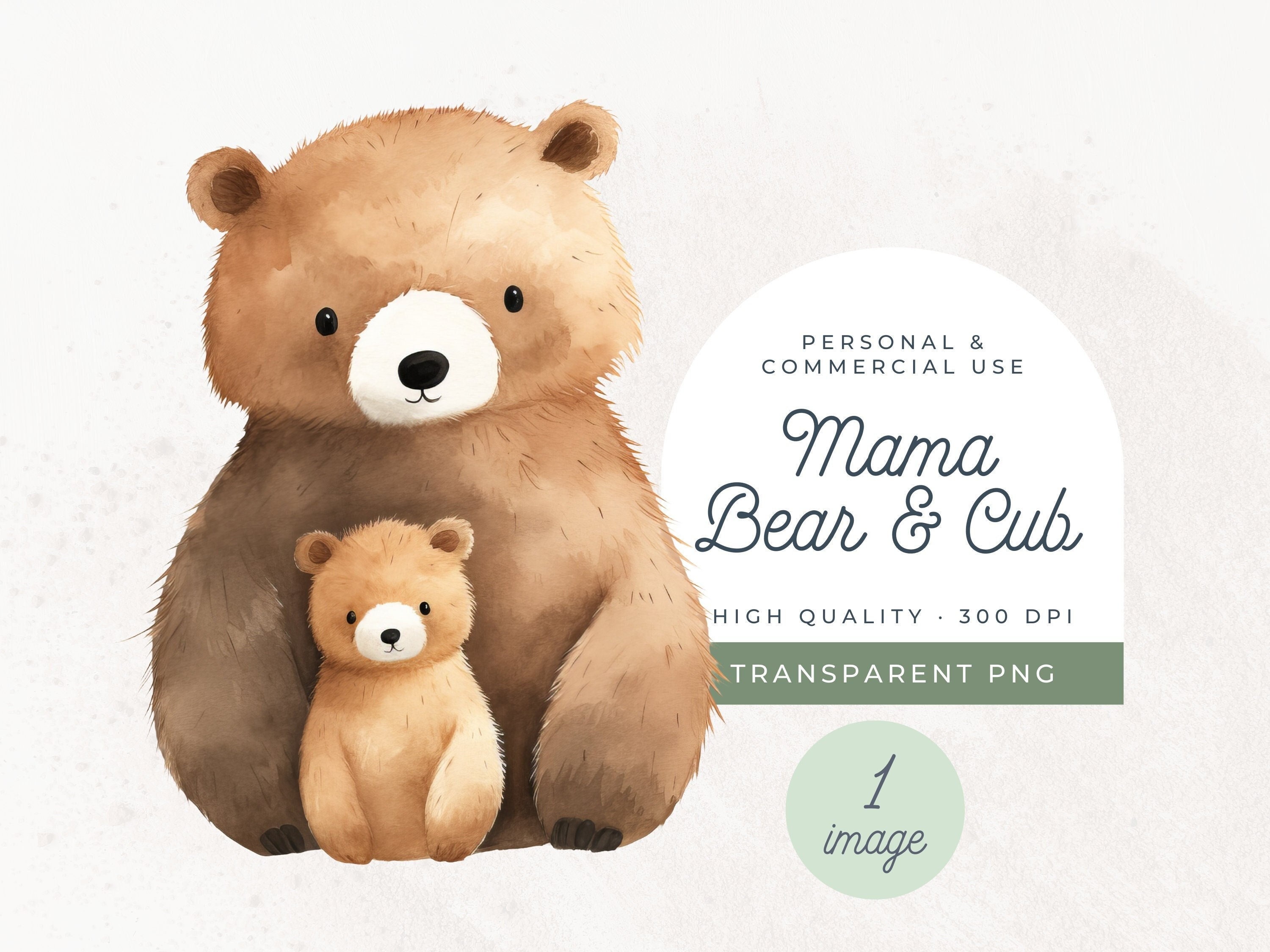 Mama Bear and Cub Watercolor Clipart, SINGLE IMAGE, Teddy Bear and Baby Clipart, Boho Bear Shower, Nursery Wall Art, Mama Bear Invitation