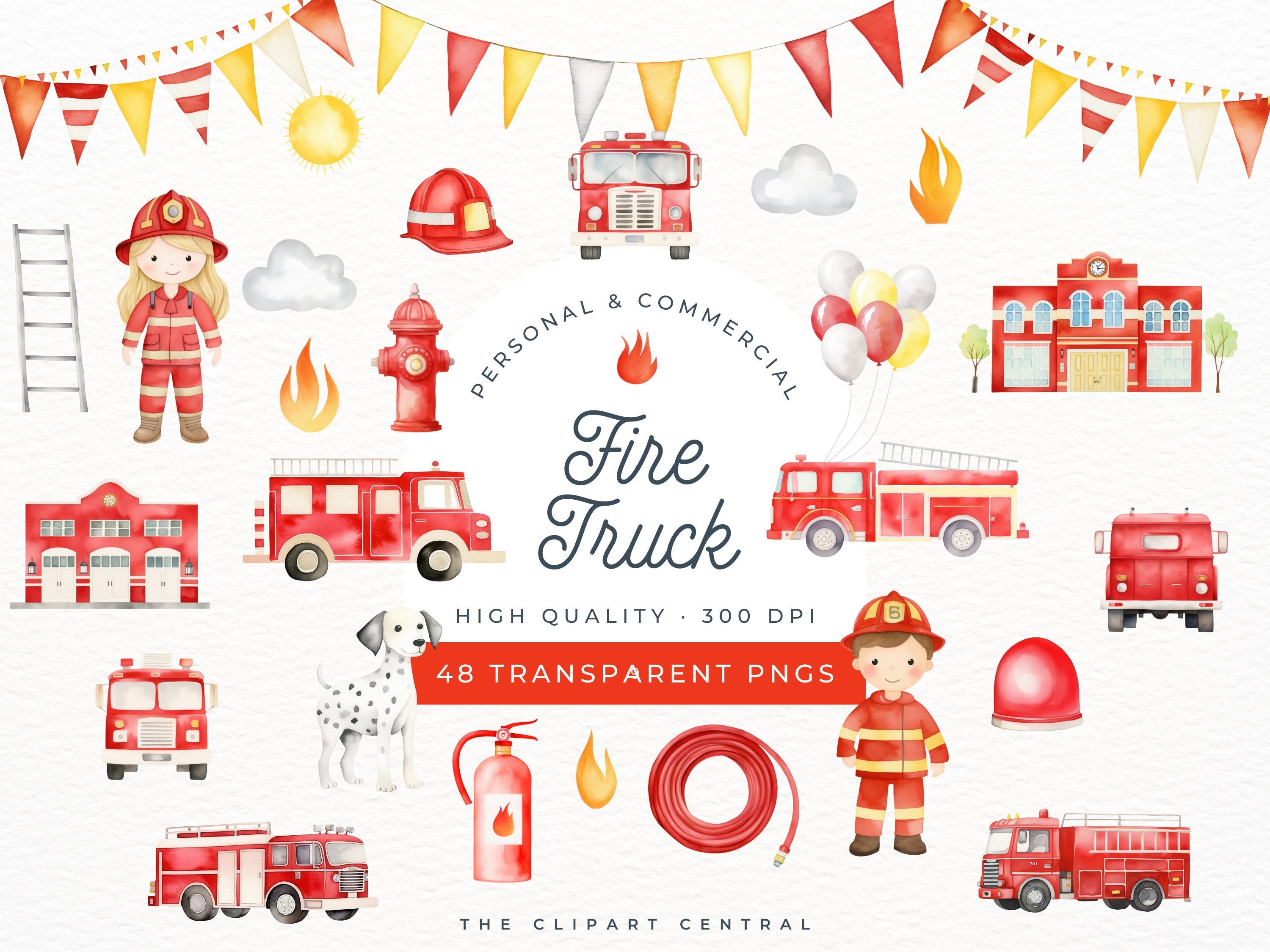 Fire Truck Watercolor Clipart, Fire Fighter Boy, Firetruck Clip Art PNG, For Sound The Alarm I'm 2, Birthday Invitation Party, Shirt Design