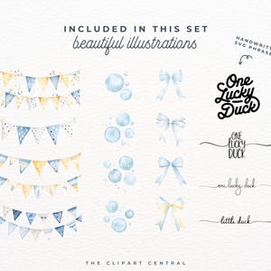 K&ouml;nnte beinhalten: Ein Set mit Aquarell-Illustrationen f&uuml;r eine Babyparty oder einen Geburtstag. Die Illustrationen beinhalten ein Banner mit blauen und gelben Flaggen, eine Reihe blauer Blasen, eine Reihe Schleifen in Blau und Gelb und einen handgeschriebenen Spruch, der "One Lucky Duck" lautet.