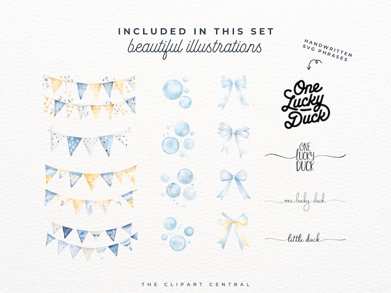 K&ouml;nnte beinhalten: Ein Set mit Aquarell-Illustrationen f&uuml;r eine Babyparty oder einen Geburtstag. Die Illustrationen beinhalten ein Banner mit blauen und gelben Flaggen, eine Reihe blauer Blasen, eine Reihe Schleifen in Blau und Gelb und einen handgeschriebenen Spruch, der "One Lucky Duck" lautet.