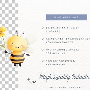 May include: A cute cartoon bee with a yellow and black striped body holding a yellow flower. The bee has a smiling face and white wings. The image has a transparent background.