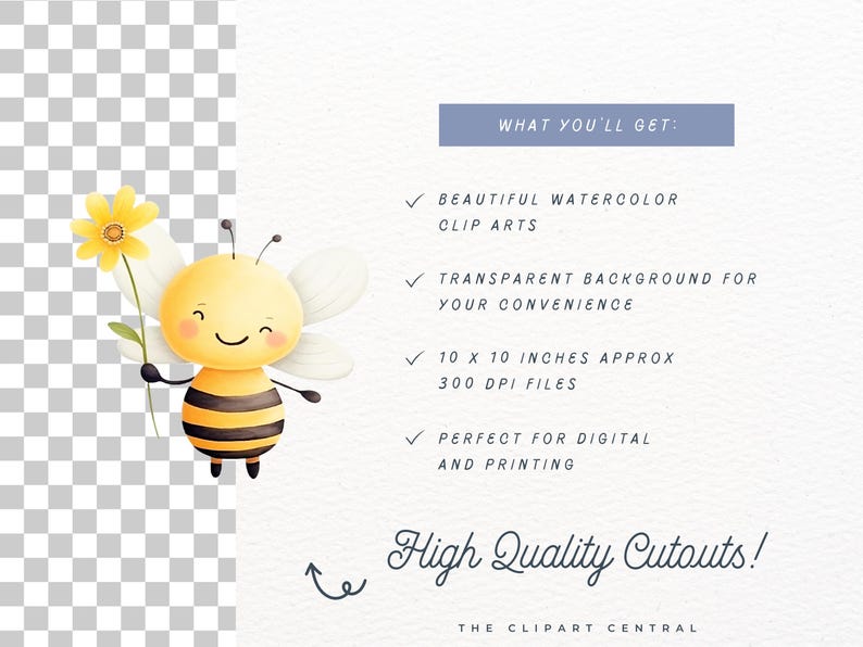 May include: A cute cartoon bee with a yellow and black striped body holding a yellow flower. The bee has a smiling face and white wings. The image has a transparent background.