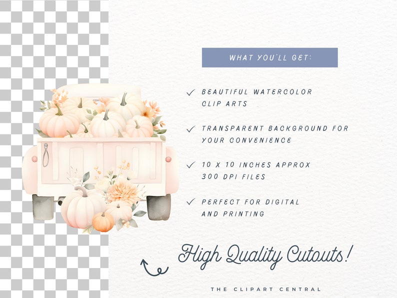 May include: A watercolor illustration of a pink pickup truck filled with white and orange pumpkins. The truck is decorated with fall flowers and leaves. The image is labeled "High Quality Cutouts!" and "The Clipart Central".
