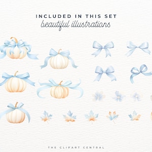 May include: A set of watercolor illustrations featuring pumpkins with blue bows, blue bows, blue flowers, and fall leaves. The text "INCLUDED IN THIS SET beautiful illustrations" is at the top of the image.