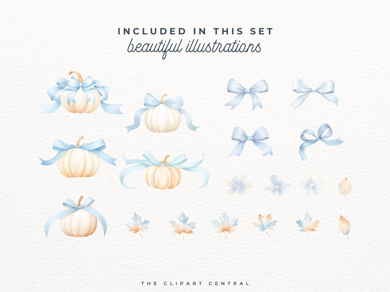 May include: A set of watercolor illustrations featuring pumpkins with blue bows, blue bows, blue flowers, and fall leaves. The text "INCLUDED IN THIS SET beautiful illustrations" is at the top of the image.