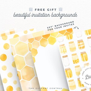 May include: Four digital paper designs featuring watercolor honeycomb and polka dot patterns in yellow and white. The designs are 5x7 inches and are perfect for invitations. A bonus design features a repeating pattern of watercolor jars with honey, honeycomb, and polka dot patterns.